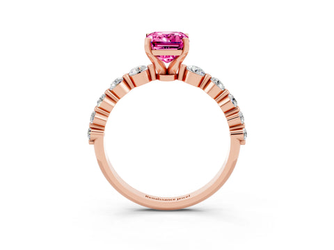 Rose gold Emerald Cut Solitaire Pink Sapphire Ring with Pave Band and Four-Prong Setting_27