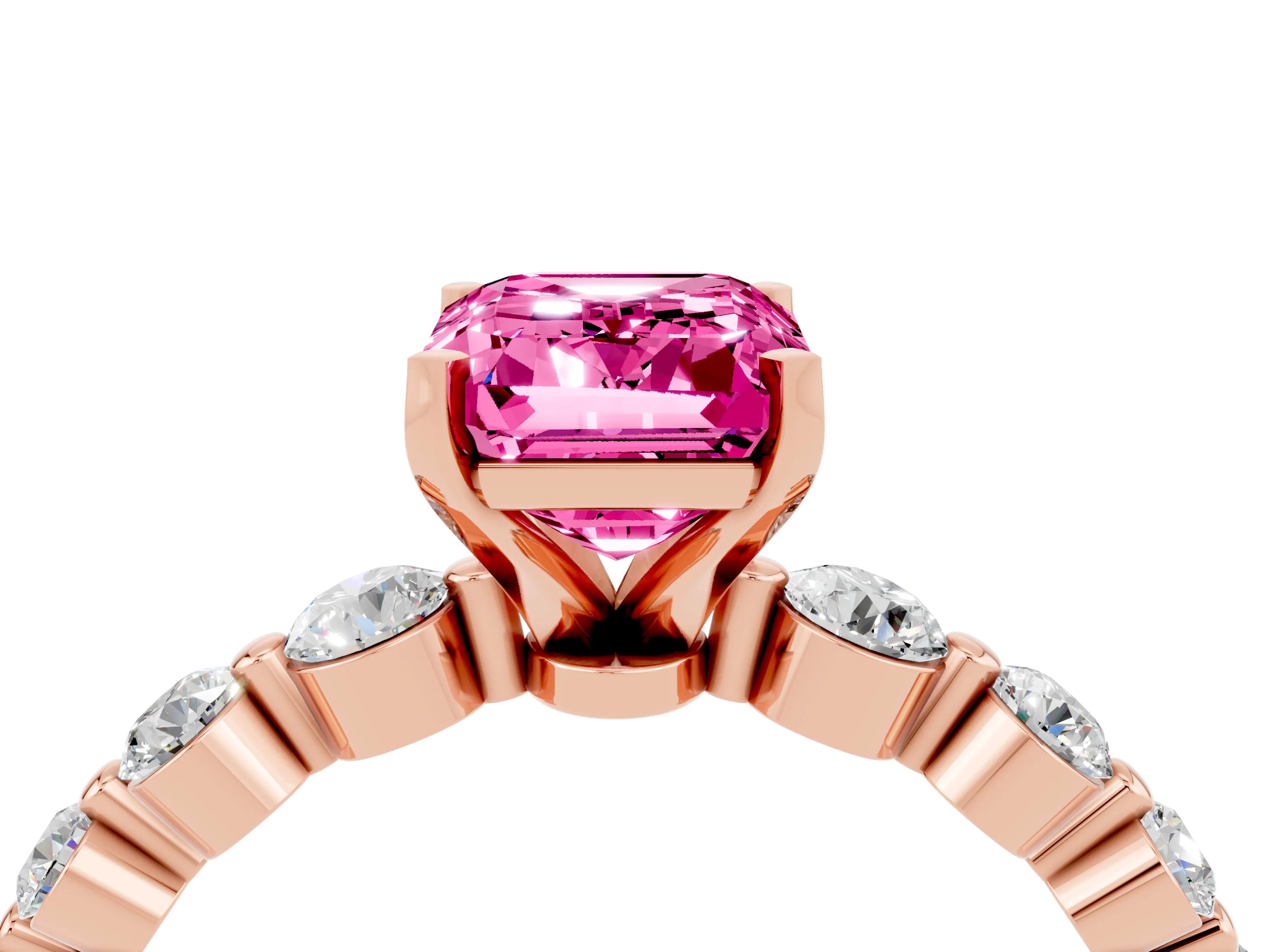 Rose gold Emerald Cut Solitaire Pink Sapphire Ring with Pave Band and Four-Prong Setting_28