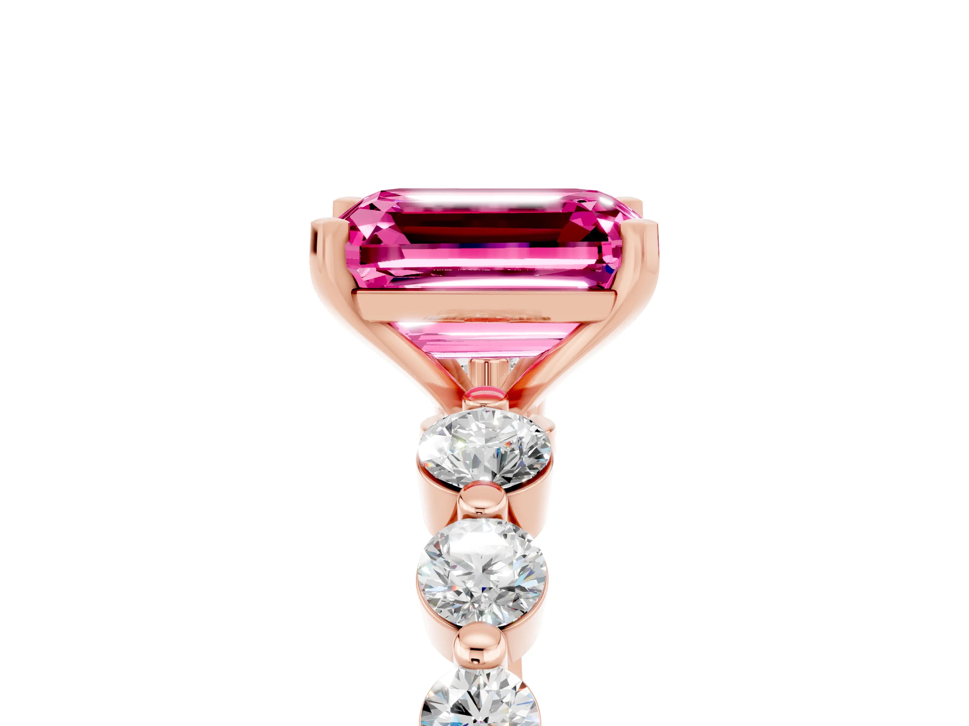 Rose gold Emerald Cut Solitaire Pink Sapphire Ring with Pave Band and Four-Prong Setting_29