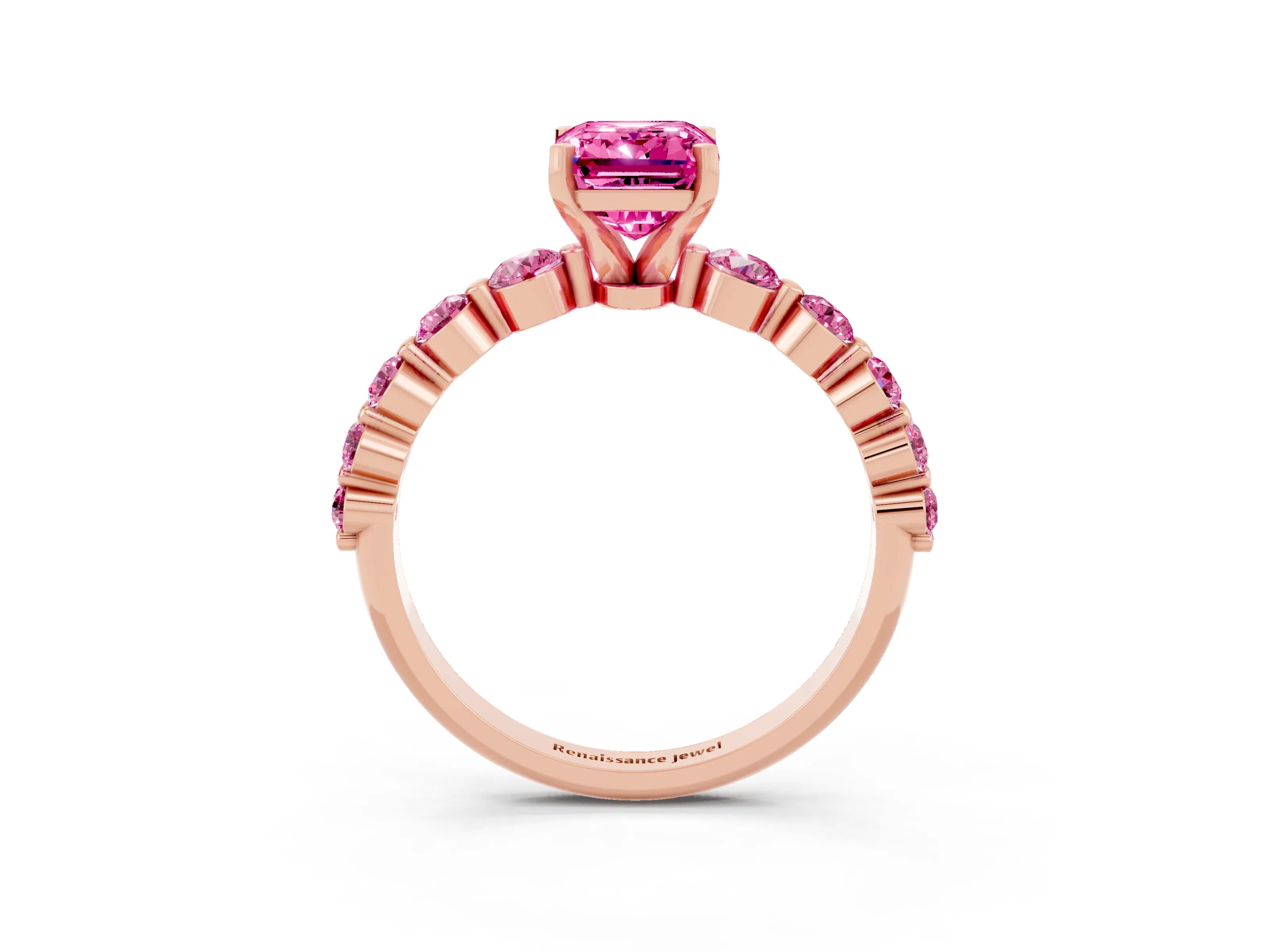 Rose gold Emerald Cut Solitaire Pink Sapphire Ring with Pave Band and Four-Prong Setting_3