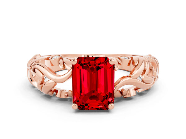 Rose gold Emerald Cut Solitaire Ruby Leaf-Inspired Vine Band Ring with Prong Setting