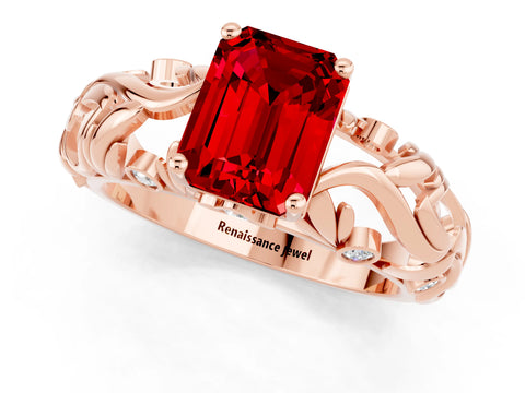 Rose gold Emerald Cut Solitaire Ruby Leaf-Inspired Vine Band Ring with Prong Setting_1