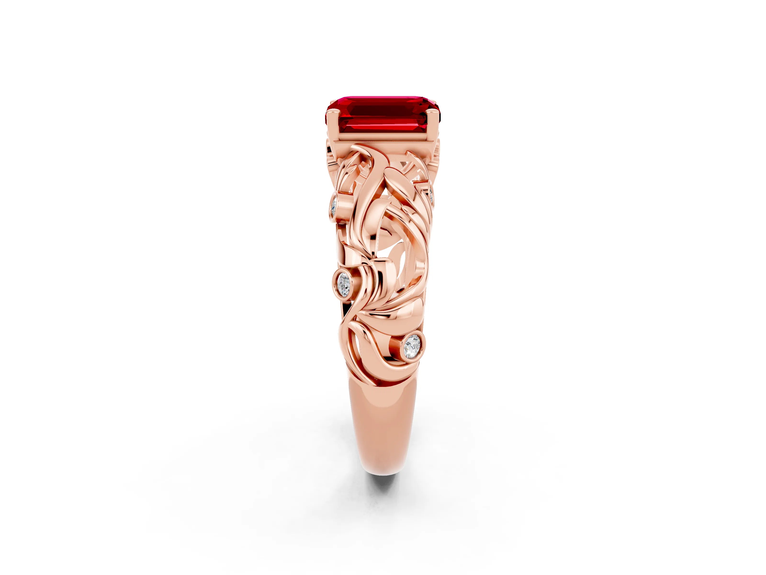 Rose gold Emerald Cut Solitaire Ruby Leaf-Inspired Vine Band Ring with Prong Setting_2