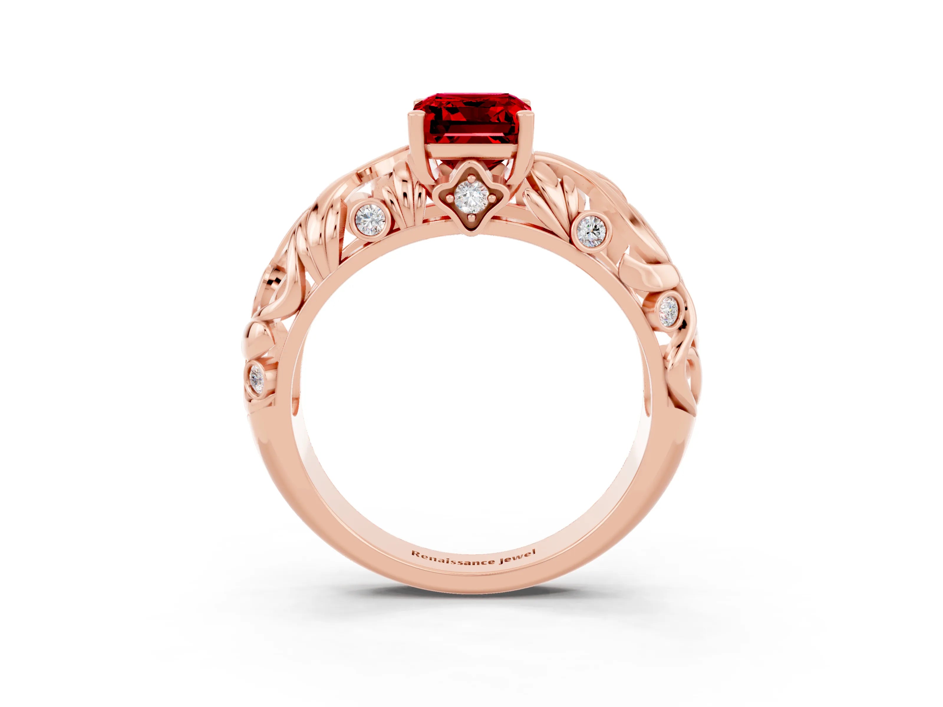 Rose gold Emerald Cut Solitaire Ruby Leaf-Inspired Vine Band Ring with Prong Setting_3