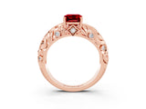 Rose gold Emerald Cut Solitaire Ruby Leaf-Inspired Vine Band Ring with Prong Setting_3