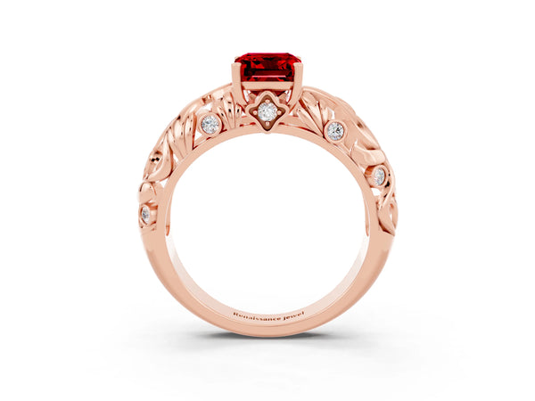 Rose gold Emerald Cut Solitaire Ruby Leaf-Inspired Vine Band Ring with Prong Setting