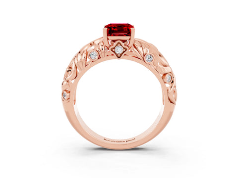 Rose gold Emerald Cut Solitaire Ruby Leaf-Inspired Vine Band Ring with Prong Setting_3