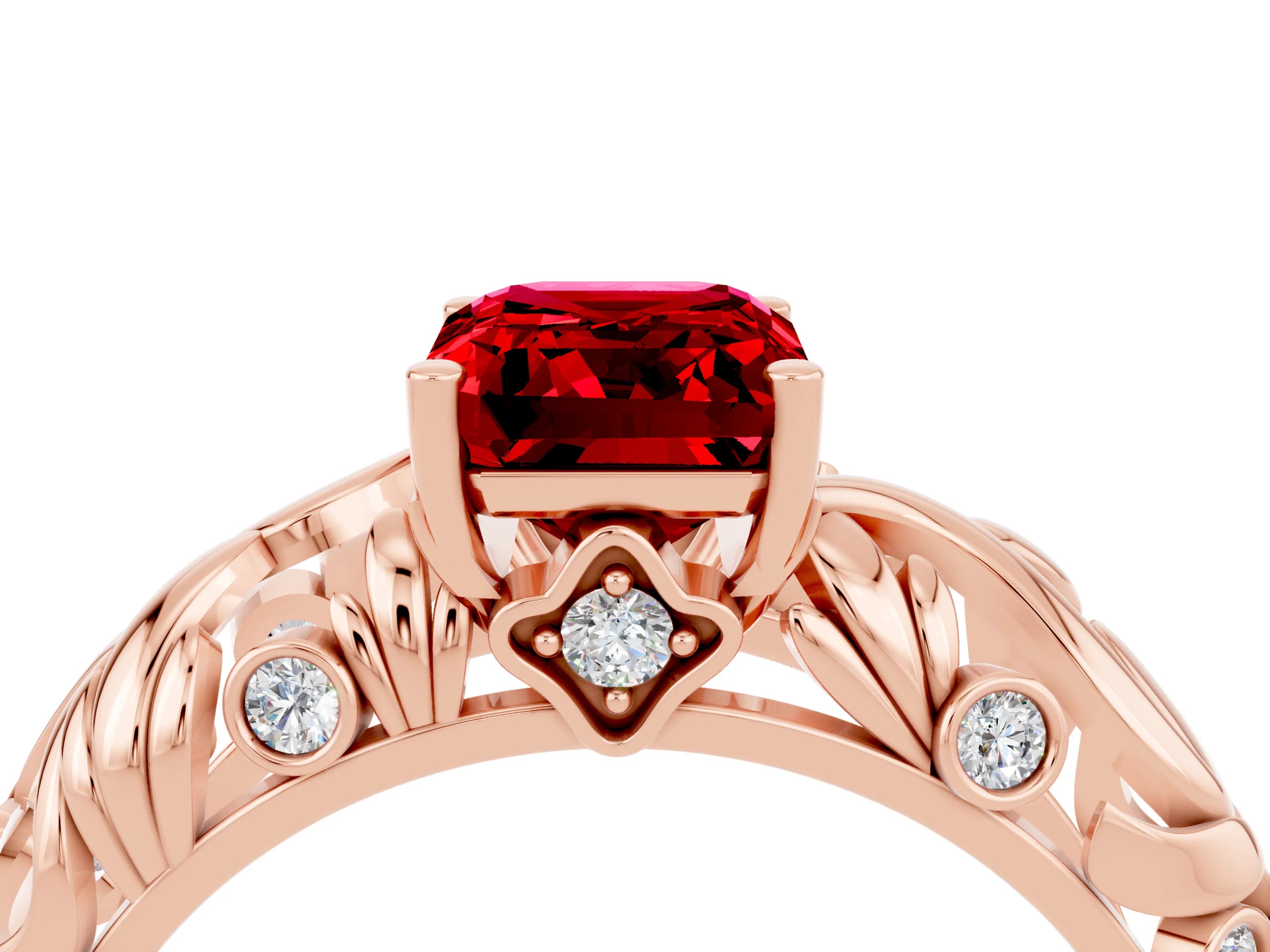 Rose gold Emerald Cut Solitaire Ruby Leaf-Inspired Vine Band Ring with Prong Setting_4