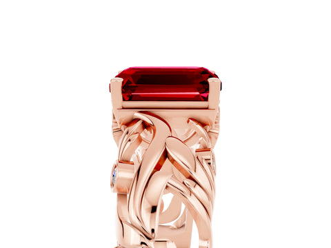 Rose gold Emerald Cut Solitaire Ruby Leaf-Inspired Vine Band Ring with Prong Setting_5