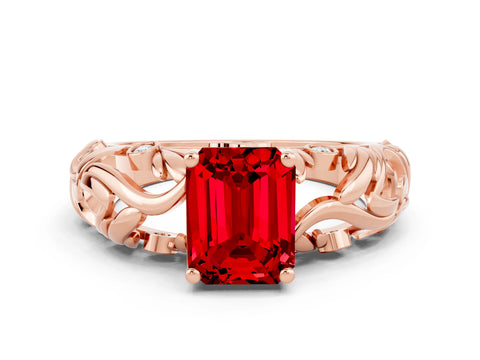 Rose gold Emerald Cut Solitaire Ruby Leaf-Inspired Vine Band Ring with Prong Setting