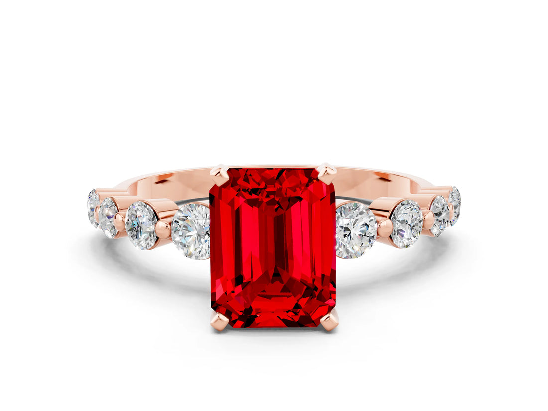Rose gold Emerald Cut Solitaire Ruby Ring with Pave Band and Four-Prong Setting