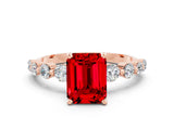 Rose gold Emerald Cut Solitaire Ruby Ring with Pave Band and Four-Prong Setting