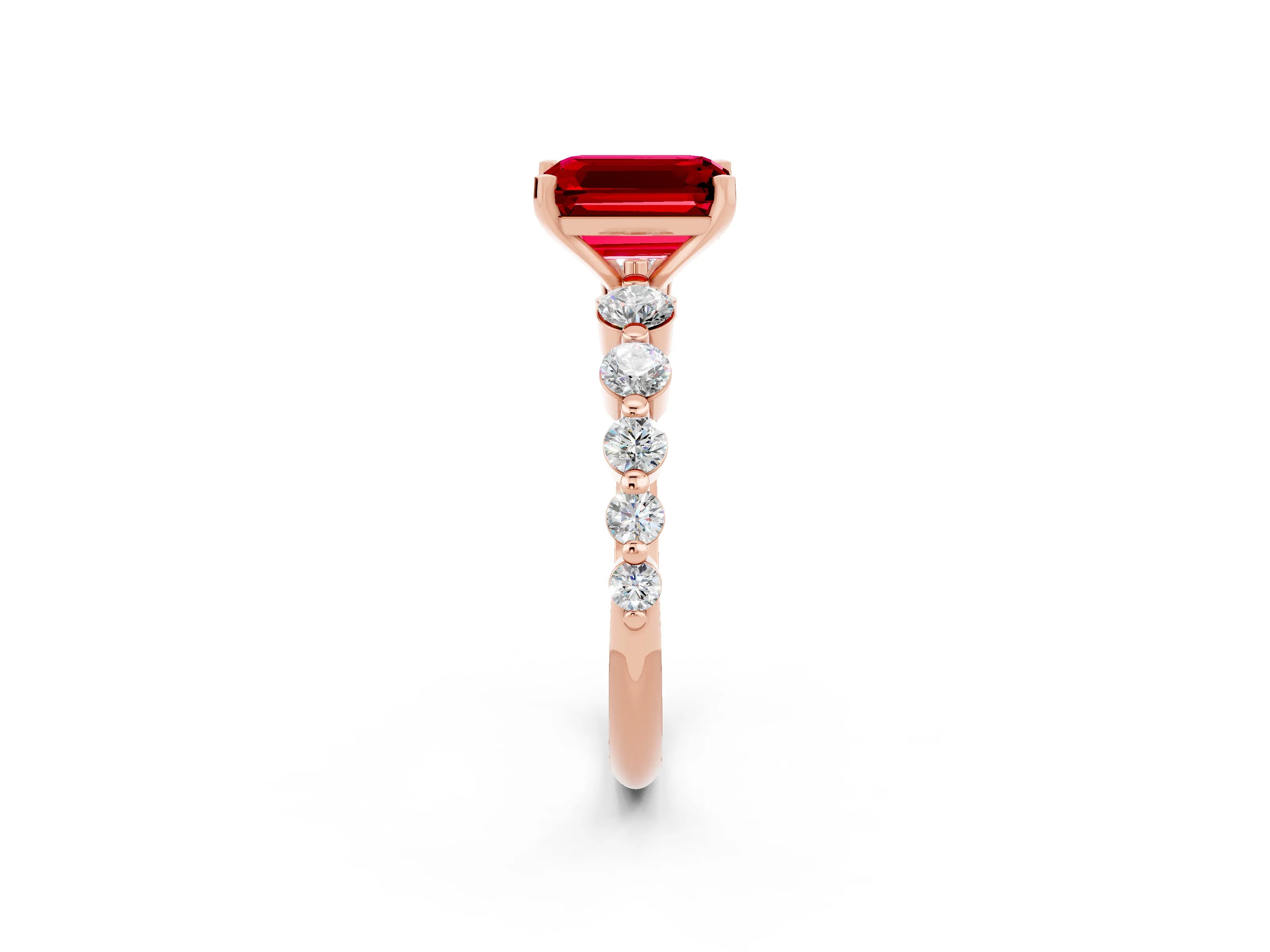 Rose gold Emerald Cut Solitaire Ruby Ring with Pave Band and Four-Prong Setting_2
