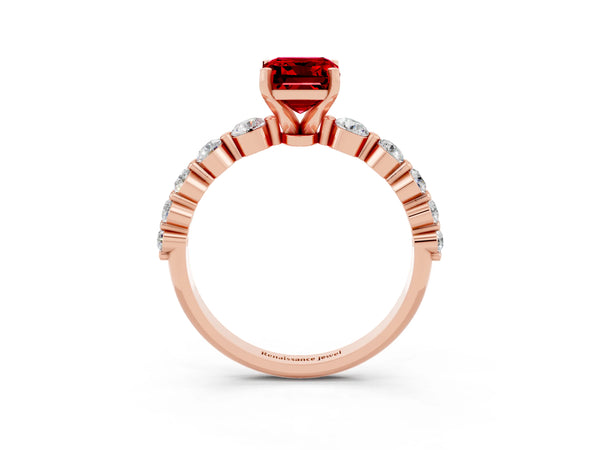 Rose gold Emerald Cut Solitaire Ruby Ring with Pave Band and Four-Prong Setting