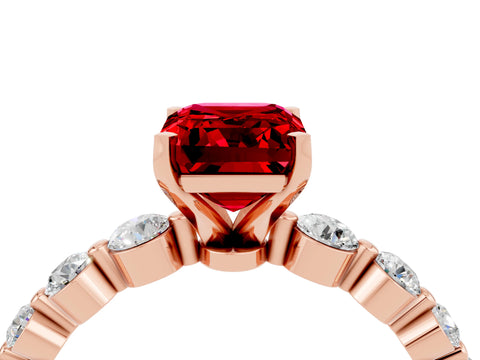Rose gold Emerald Cut Solitaire Ruby Ring with Pave Band and Four-Prong Setting_4