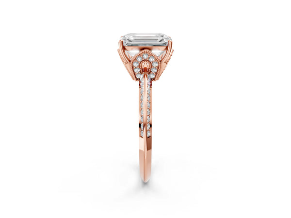 Rose Gold Emerald Cut Graduated Pave Engagement Ring Setting