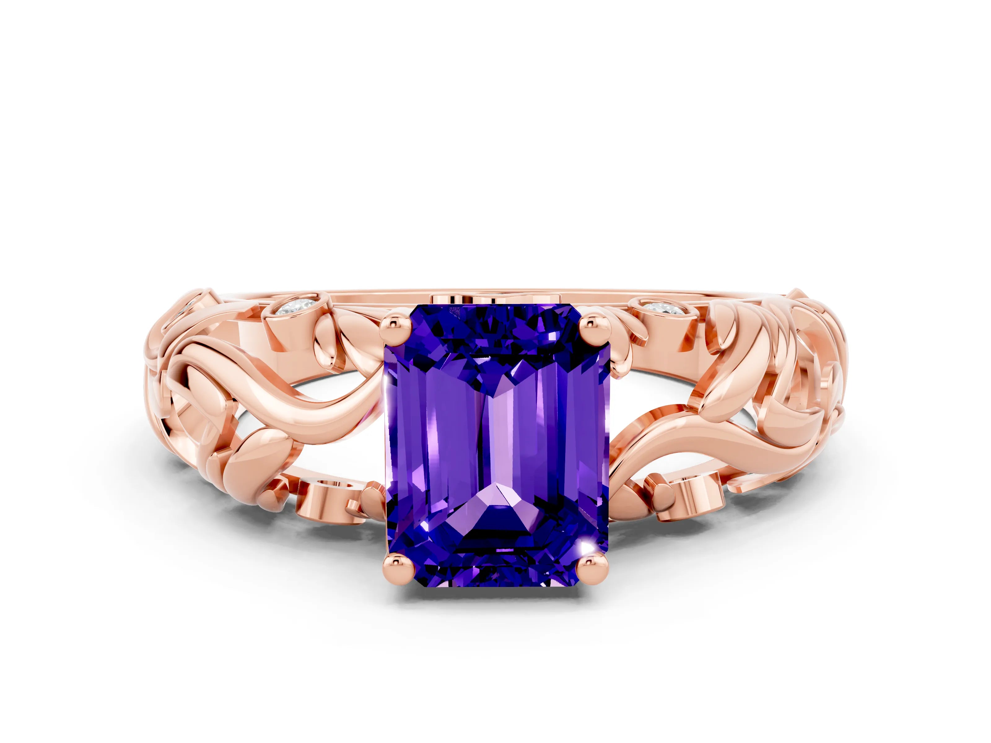 Rose gold Emerald Cut Solitaire Tanzanite Leaf-Inspired Vine Band Ring with Prong Setting