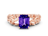 Rose gold Emerald Cut Solitaire Tanzanite Leaf-Inspired Vine Band Ring with Prong Setting
