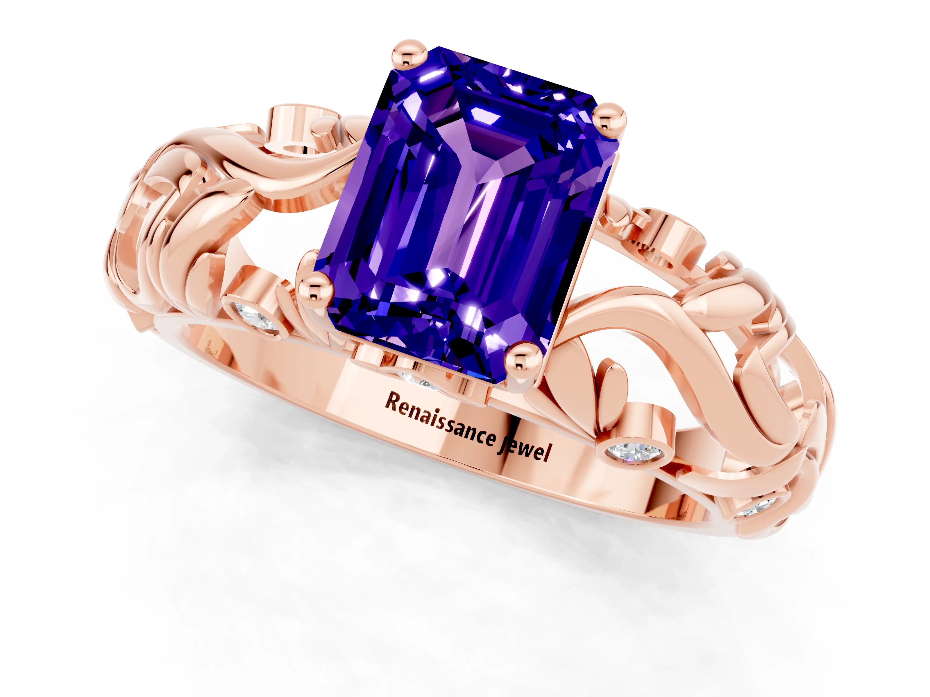 Rose gold Emerald Cut Solitaire Tanzanite Leaf-Inspired Vine Band Ring with Prong Setting_1