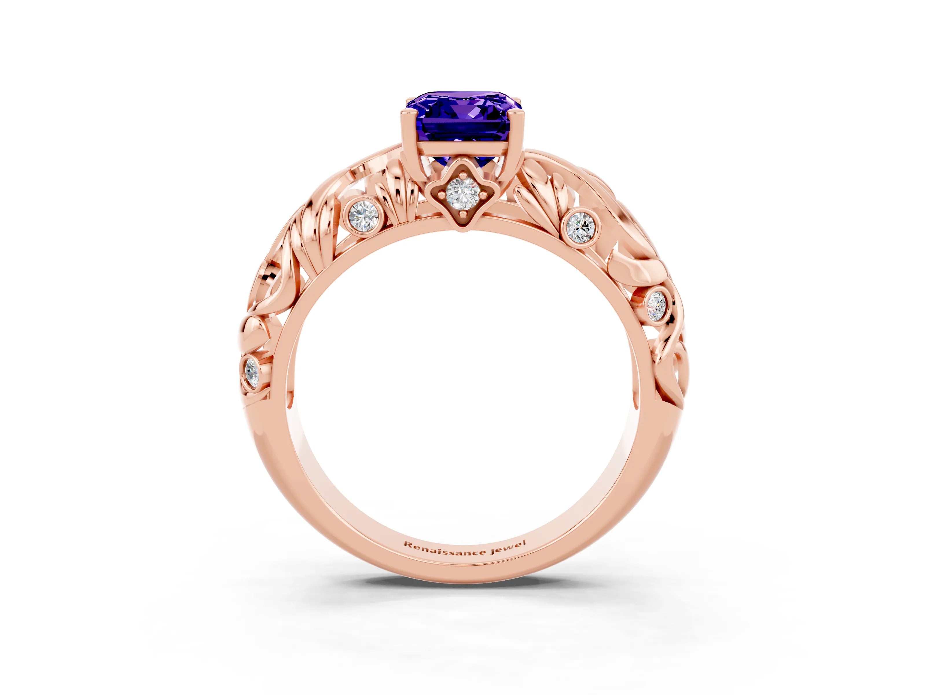 Rose gold Emerald Cut Solitaire Tanzanite Leaf-Inspired Vine Band Ring with Prong Setting_3