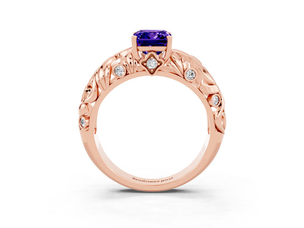 Rose gold Emerald Cut Solitaire Tanzanite Leaf-Inspired Vine Band Ring with Prong Setting