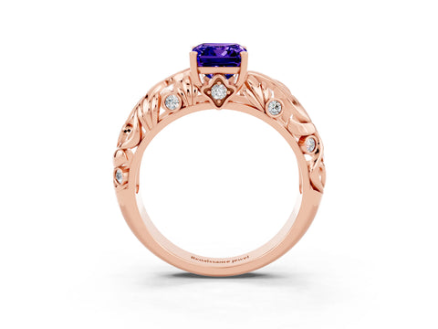 Rose gold Emerald Cut Solitaire Tanzanite Leaf-Inspired Vine Band Ring with Prong Setting_3
