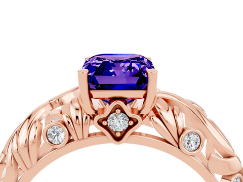 Rose gold Emerald Cut Solitaire Tanzanite Leaf-Inspired Vine Band Ring with Prong Setting_4