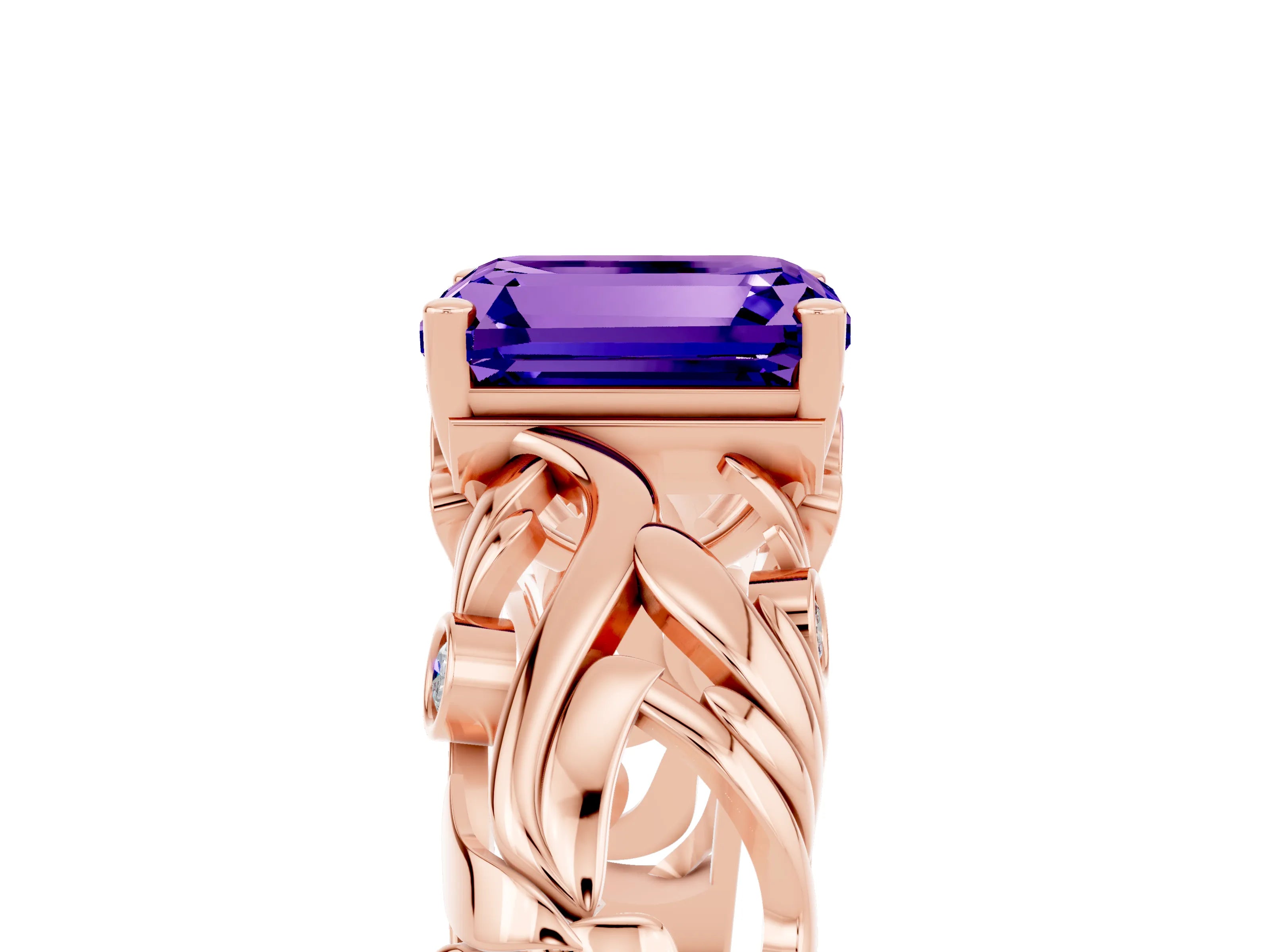 Rose gold Emerald Cut Solitaire Tanzanite Leaf-Inspired Vine Band Ring with Prong Setting_5