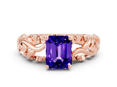 Rose gold Emerald Cut Solitaire Tanzanite Leaf-Inspired Vine Band Ring with Prong Setting