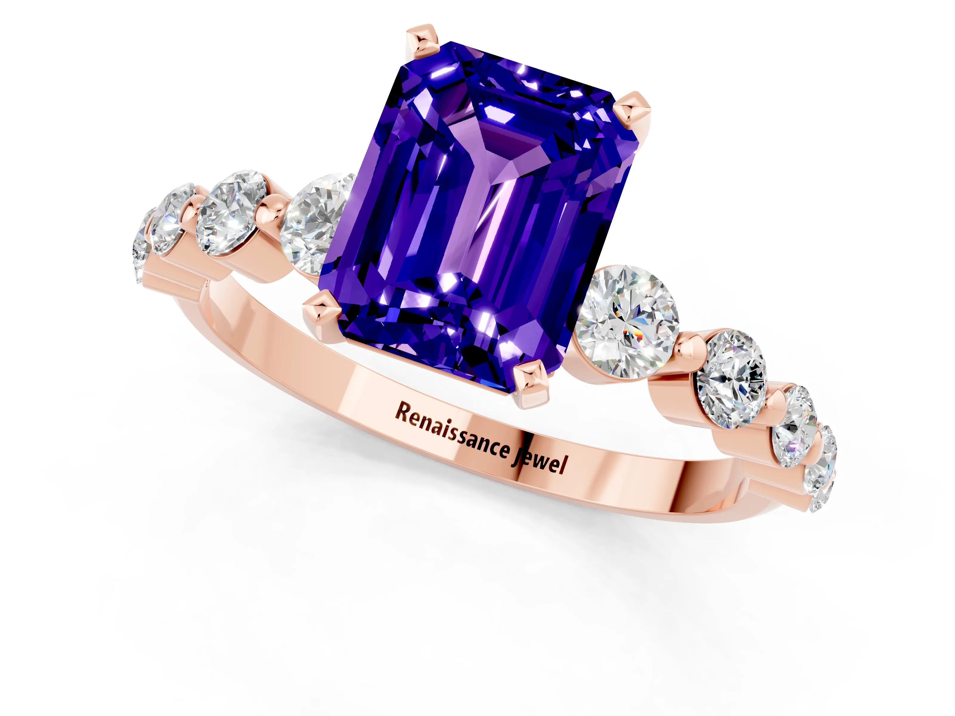 Rose gold Emerald Cut Solitaire Tanzanite Ring with Pave Band and Four-Prong Setting_1
