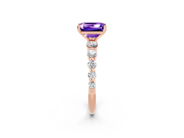 Rose gold Emerald Cut Solitaire Tanzanite Ring with Pave Band and Four-Prong Setting