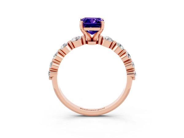 Rose gold Emerald Cut Solitaire Tanzanite Ring with Pave Band and Four-Prong Setting