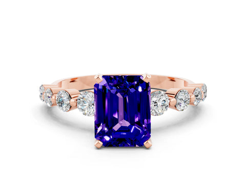 Rose gold Emerald Cut Solitaire Tanzanite Ring with Pave Band and Four-Prong Setting