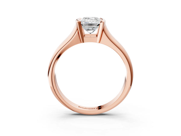 Rose Gold Emerald Cut Tension Style Solitaire Engagement Ring Setting with Wide Sculpted Band
