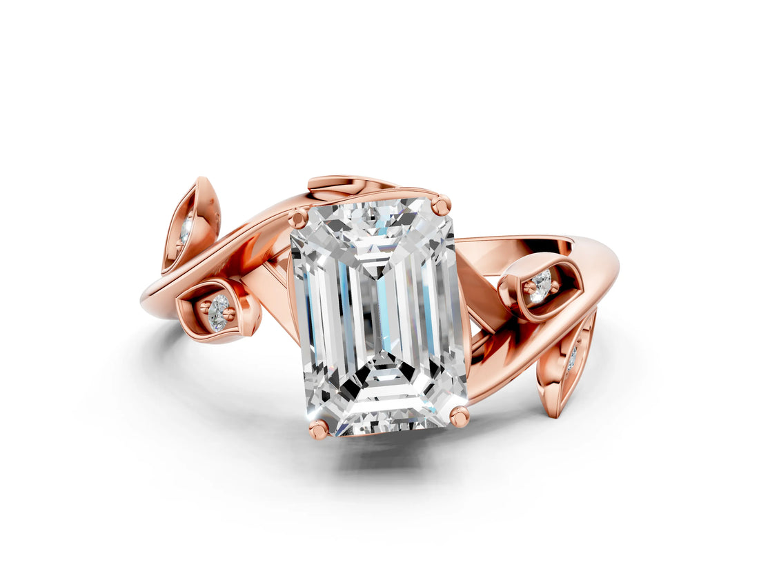 Rose gold Emerald Cut Solitaire Twist Engagement Ring with Leaf Accents and Prong Setting_15