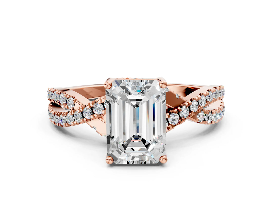 Rose gold Emerald Cut Solitaire Twist Pave Diamond Engagement Ring with Prong Setting_15