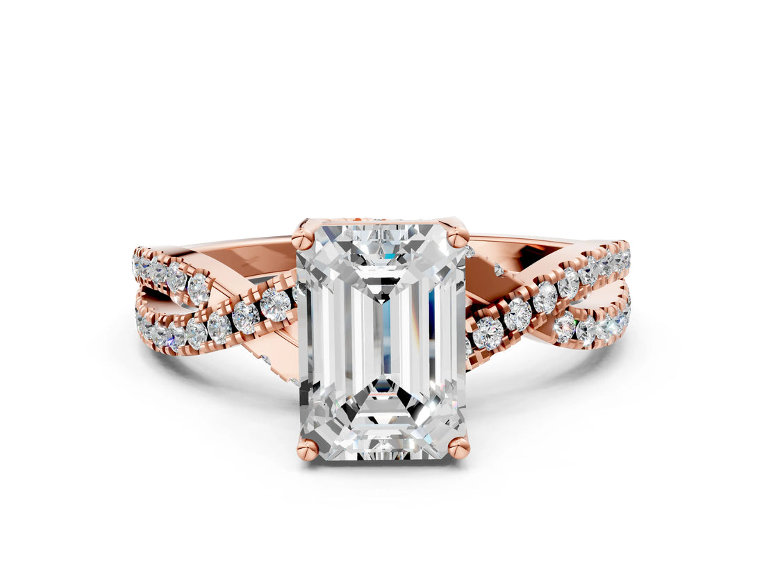 Rose gold Emerald Cut Solitaire Twist Pave Diamond Engagement Ring with Prong Setting_33