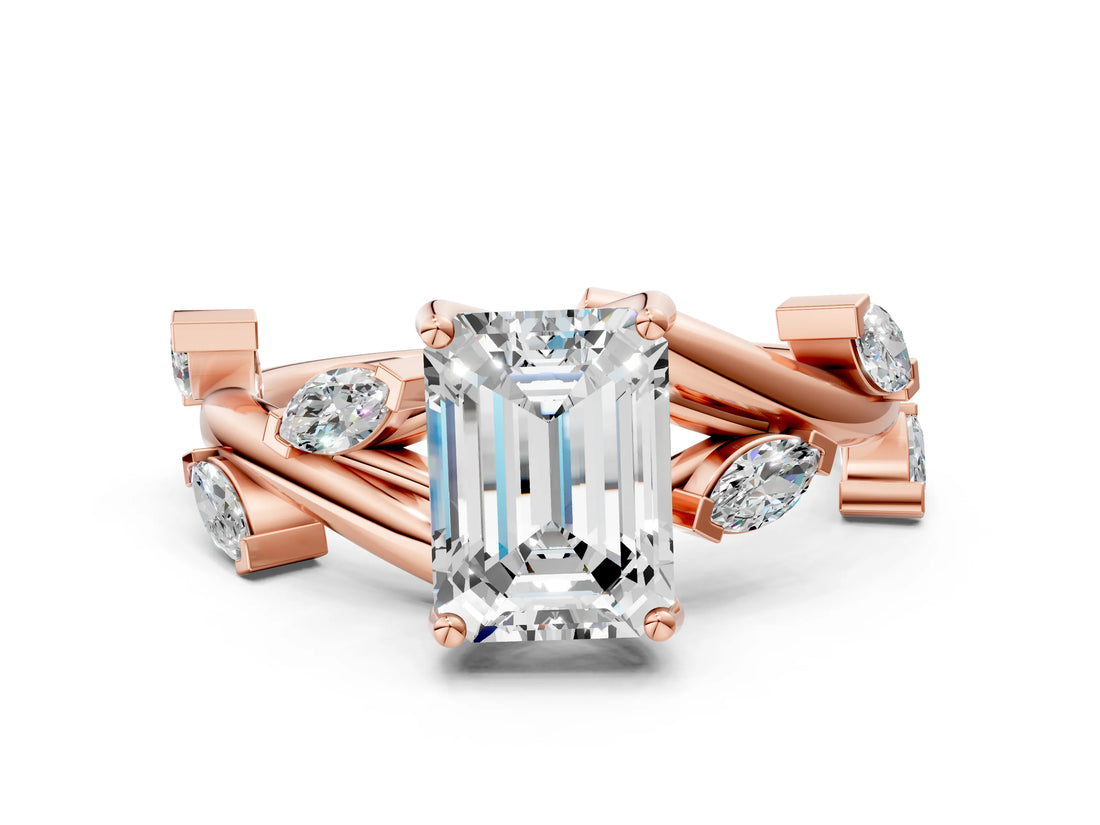 Rose gold Emerald Cut Solitaire Twisted Band Marquise Accent Prong Setting Ring_3
