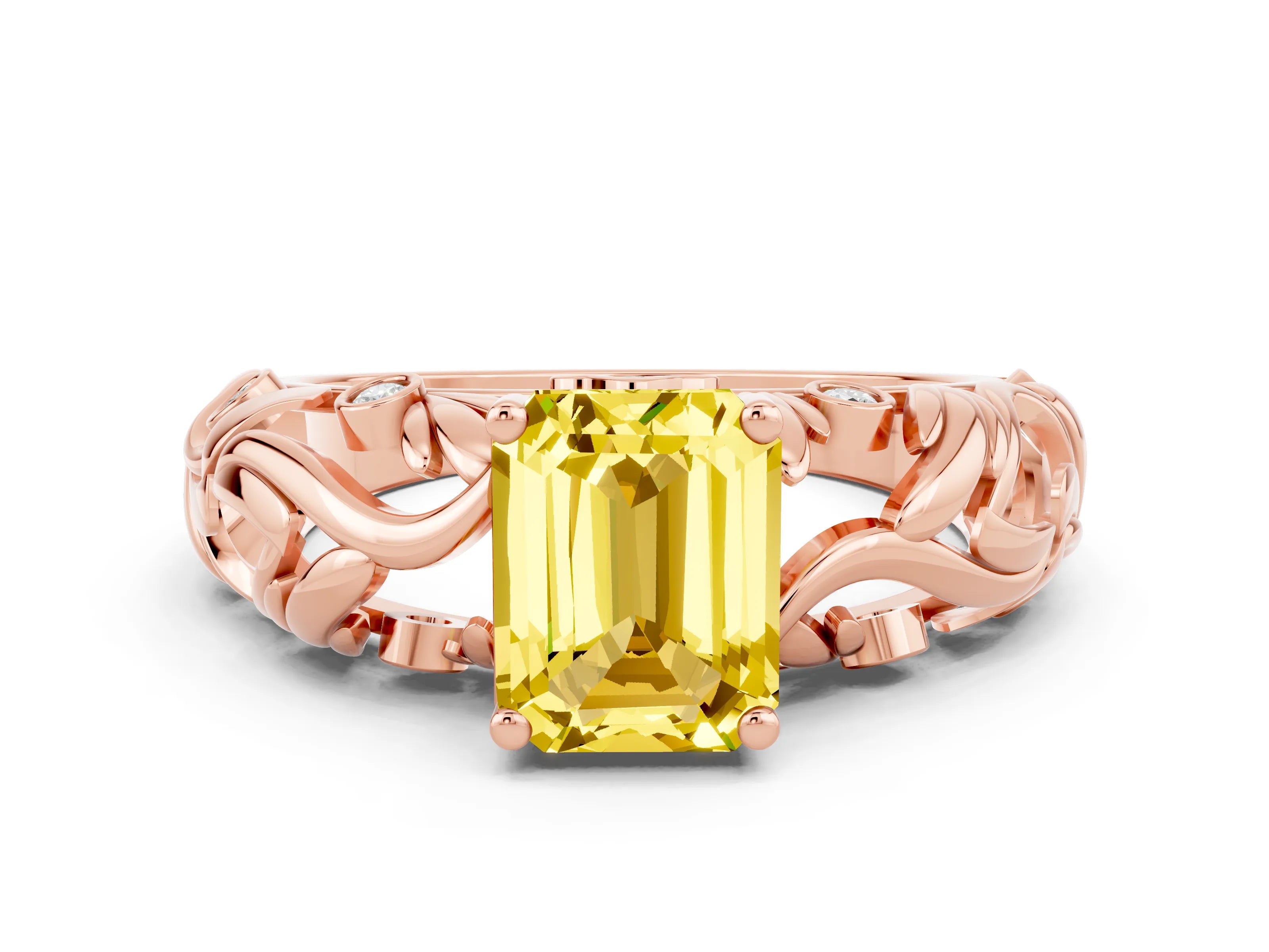 Rose gold Emerald Cut Solitaire Yellow Sapphire Leaf-Inspired Vine Band Ring with Prong Setting_24