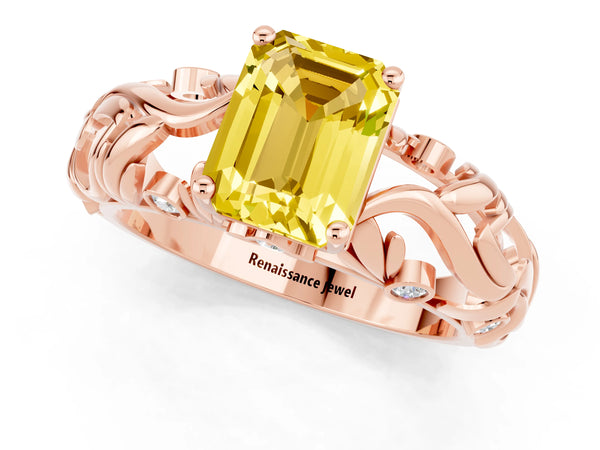 Rose gold Emerald Cut Solitaire Yellow Sapphire Leaf-Inspired Vine Band Ring with Prong Setting