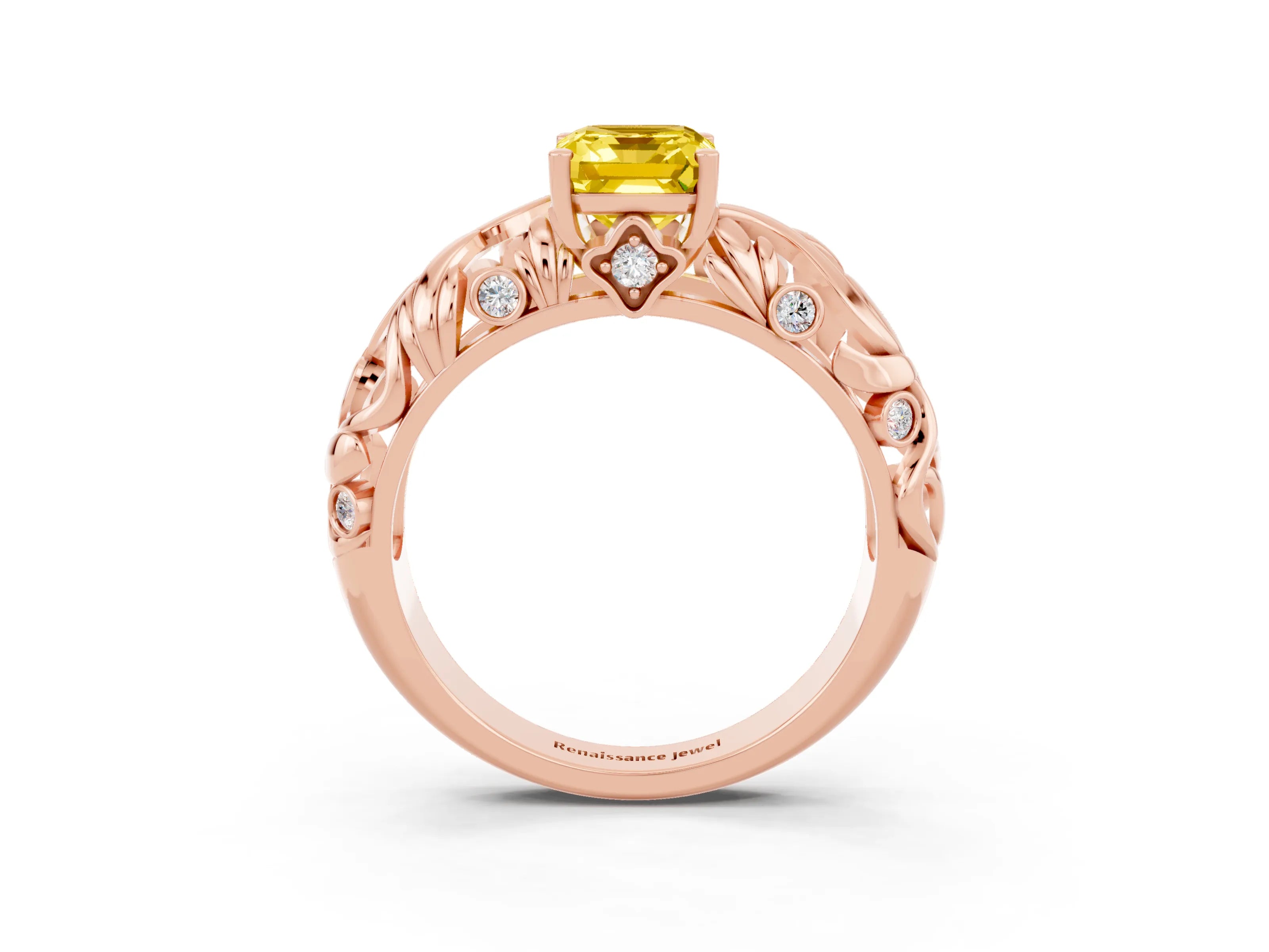 Rose gold Emerald Cut Solitaire Yellow Sapphire Leaf-Inspired Vine Band Ring with Prong Setting_27
