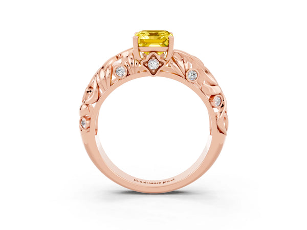Rose gold Emerald Cut Solitaire Yellow Sapphire Leaf-Inspired Vine Band Ring with Prong Setting