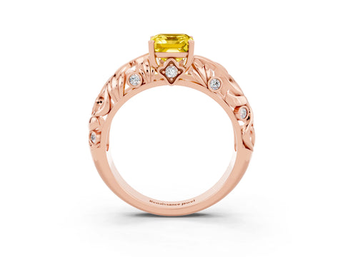 Rose gold Emerald Cut Solitaire Yellow Sapphire Leaf-Inspired Vine Band Ring with Prong Setting_27