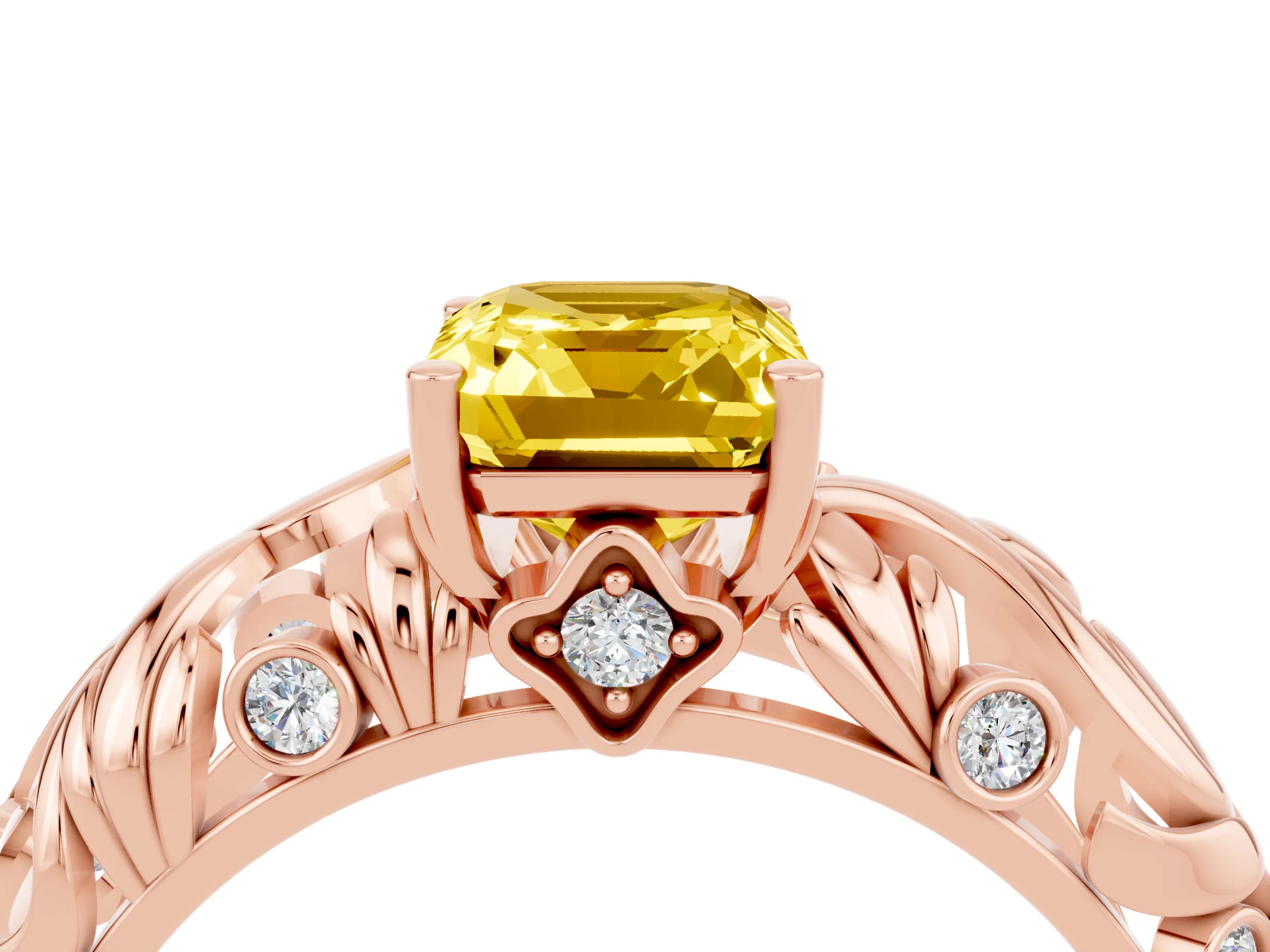 Rose gold Emerald Cut Solitaire Yellow Sapphire Leaf-Inspired Vine Band Ring with Prong Setting_28