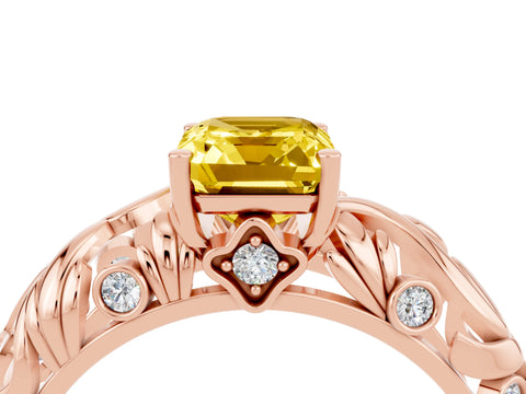 Rose gold Emerald Cut Solitaire Yellow Sapphire Leaf-Inspired Vine Band Ring with Prong Setting_28