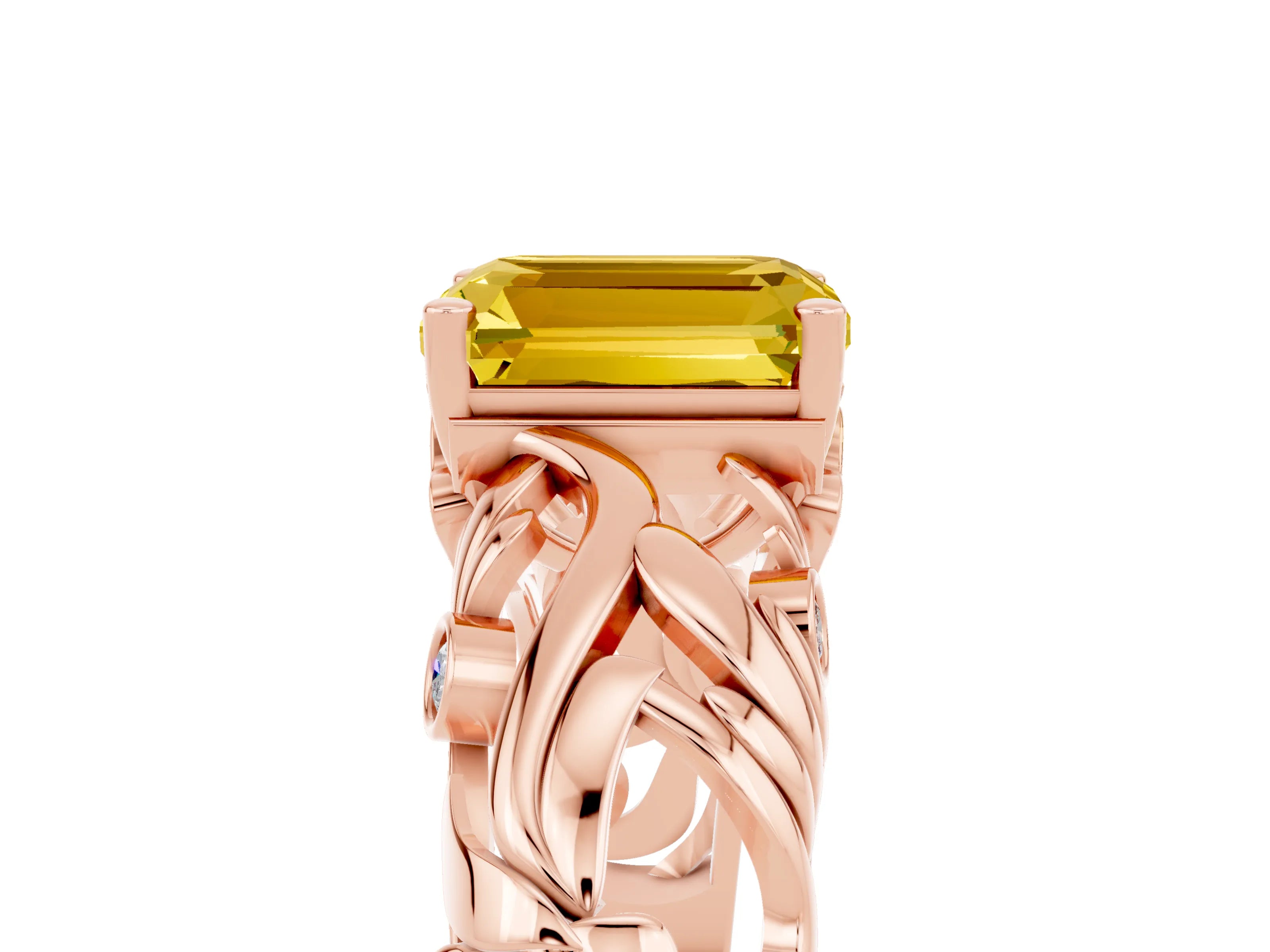 Rose gold Emerald Cut Solitaire Yellow Sapphire Leaf-Inspired Vine Band Ring with Prong Setting_29