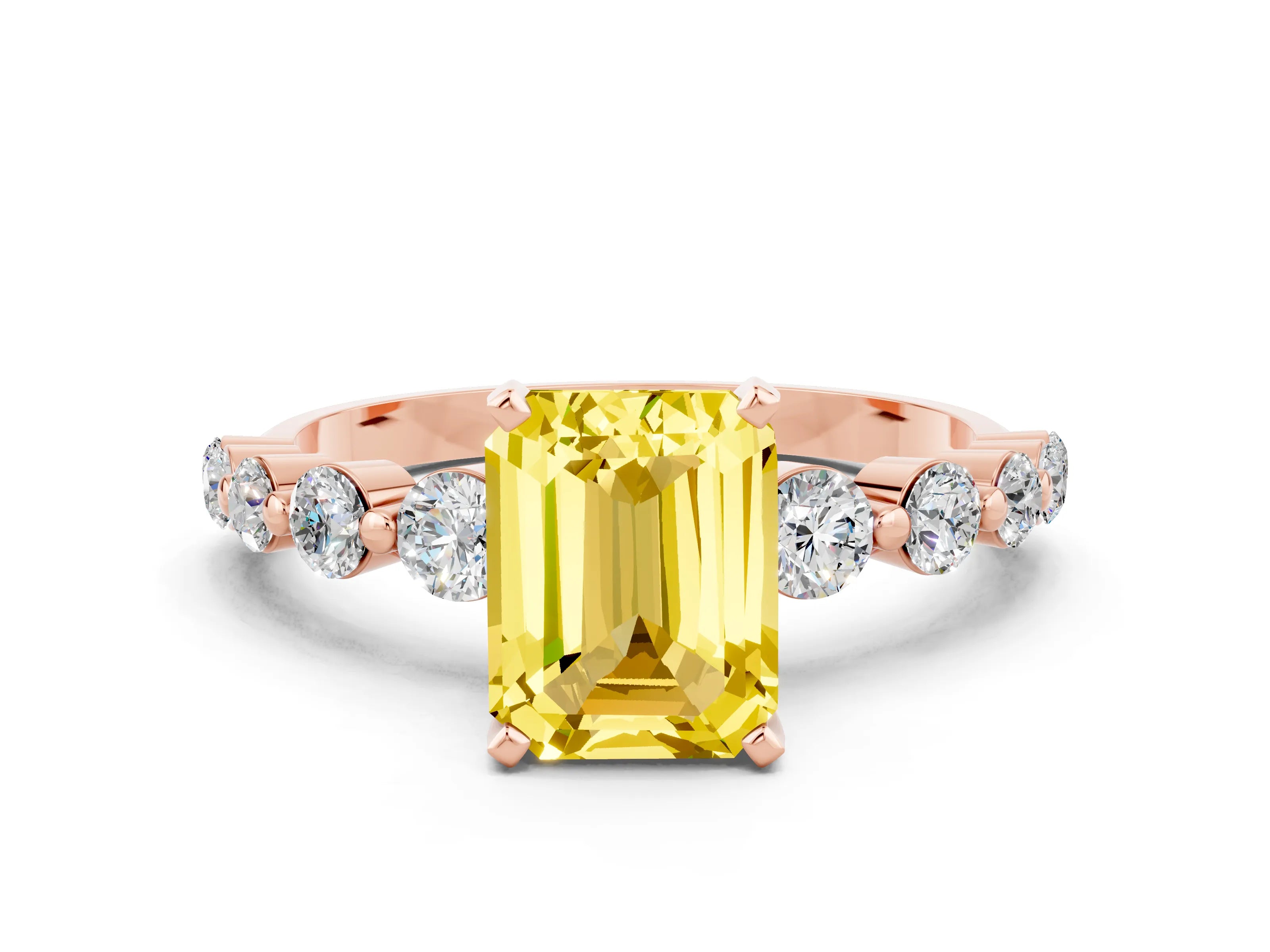 Rose gold Emerald Cut Solitaire Yellow Sapphire Ring with Pave Band and Four-Prong Setting_24