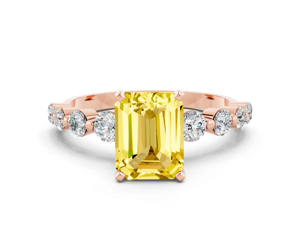 Rose gold Emerald Cut Solitaire Yellow Sapphire Ring with Pave Band and Four-Prong Setting