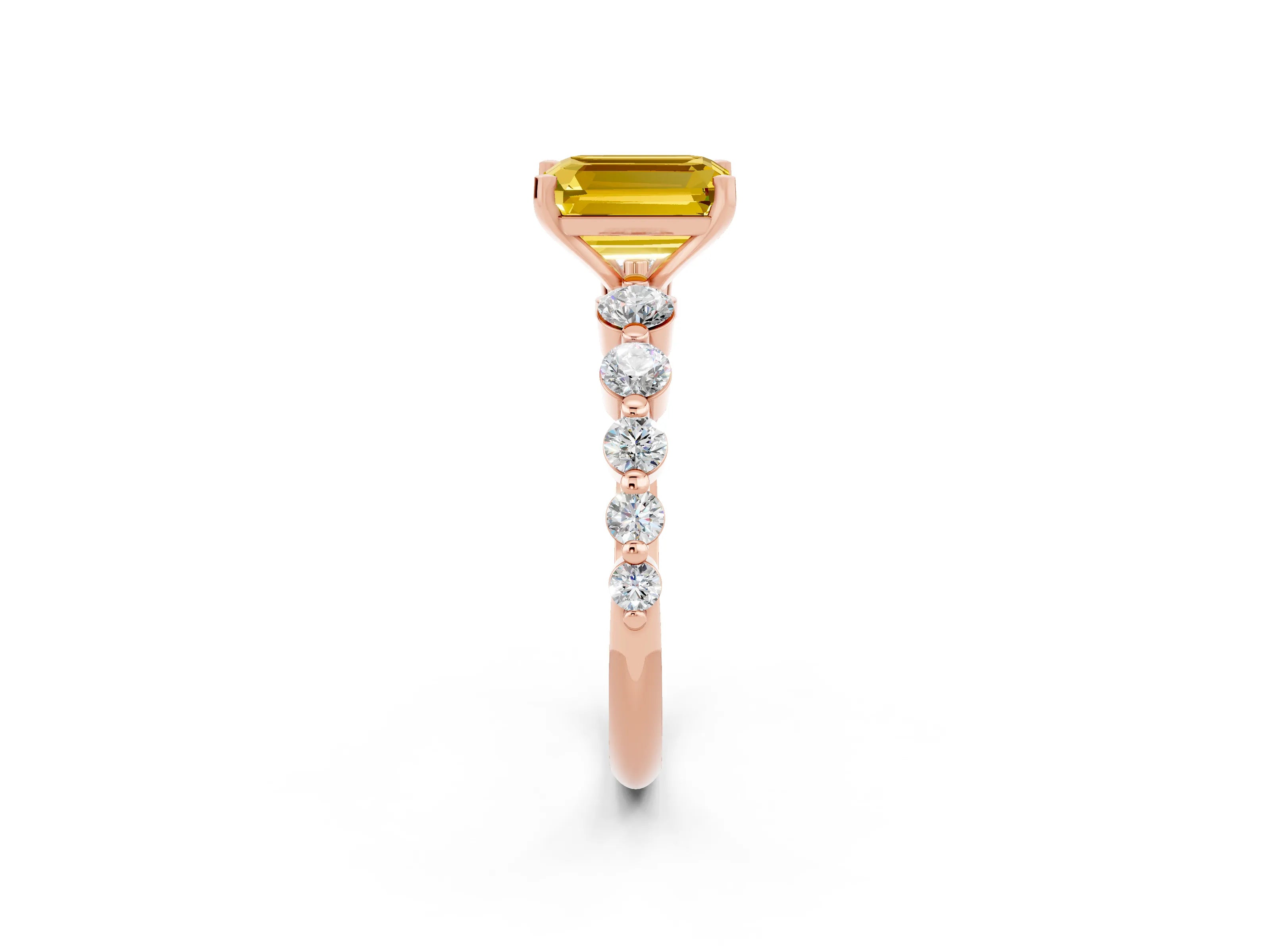 Rose gold Emerald Cut Solitaire Yellow Sapphire Ring with Pave Band and Four-Prong Setting_26