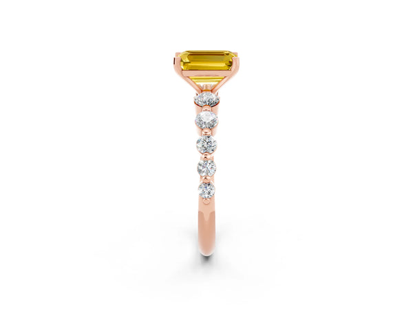 Rose gold Emerald Cut Solitaire Yellow Sapphire Ring with Pave Band and Four-Prong Setting